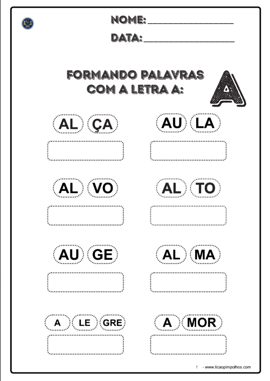 Atividade formando palavras com a letra A