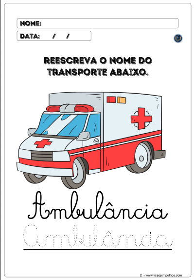 Atividade de caligrafia com a palavra ambulância